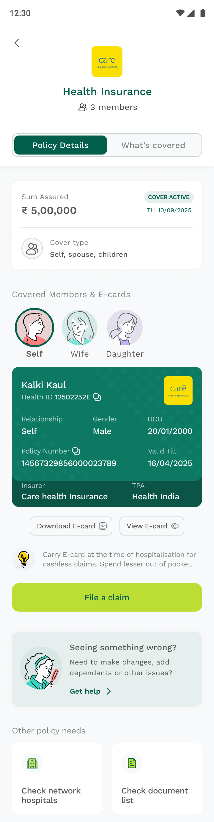 Policy Details Header and Sum Assured