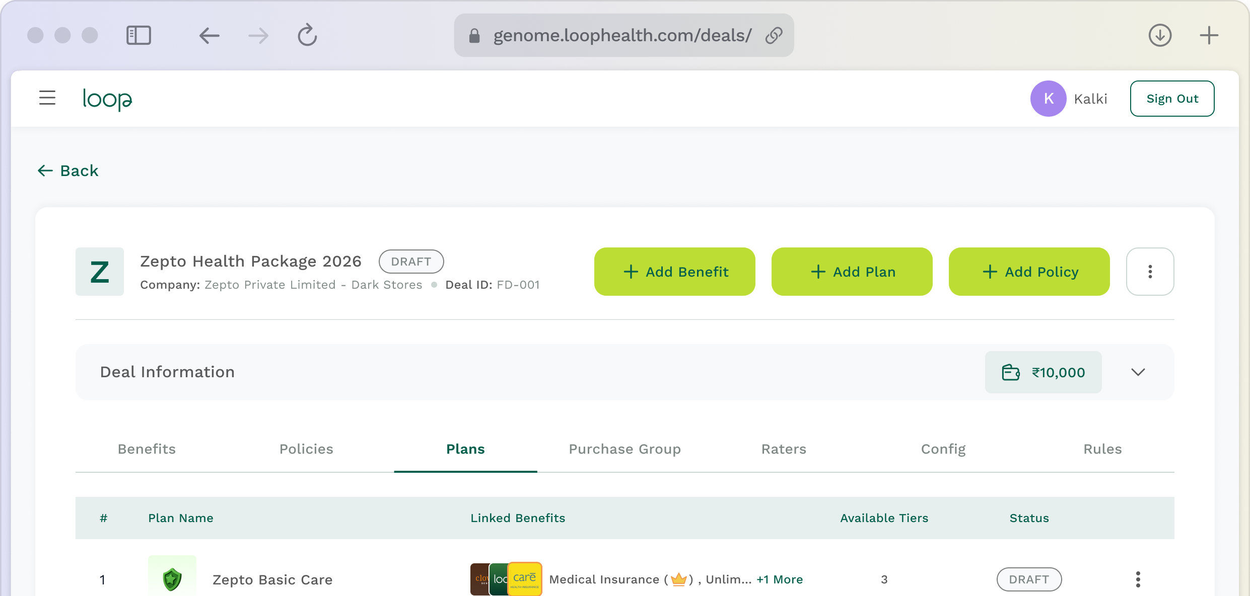Loop HealthFlex Deal-Based Setup Interface